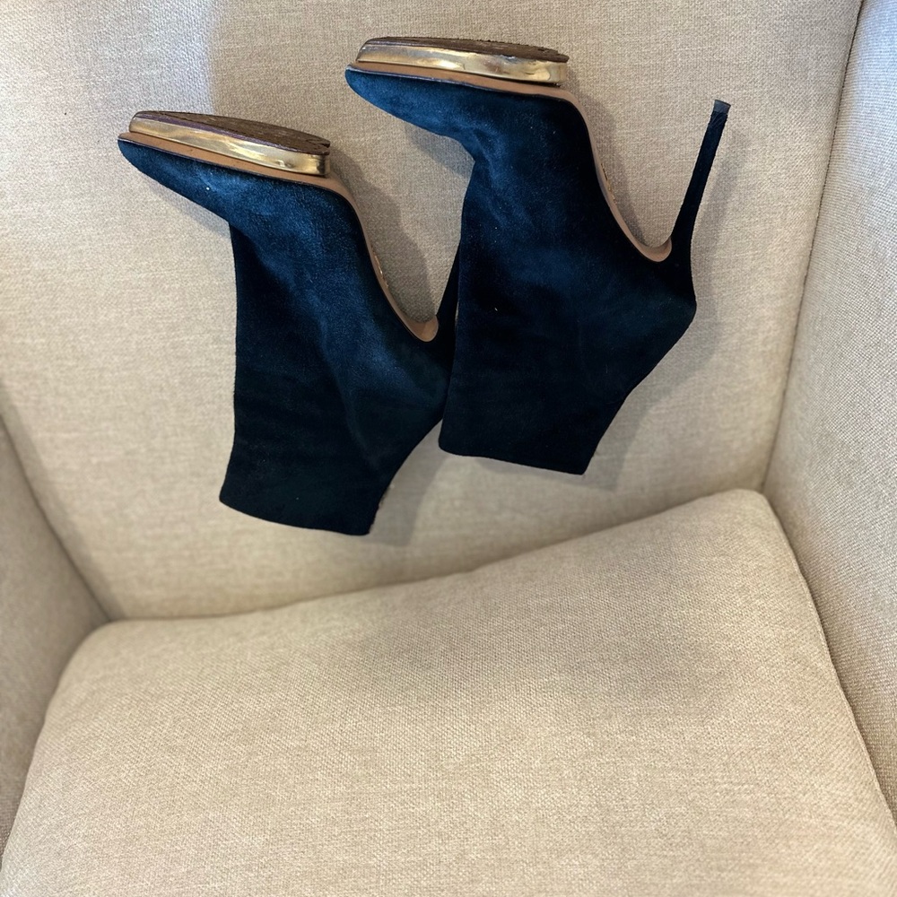 Charlotte Olympia Black Heeled Boots with Gold Accents